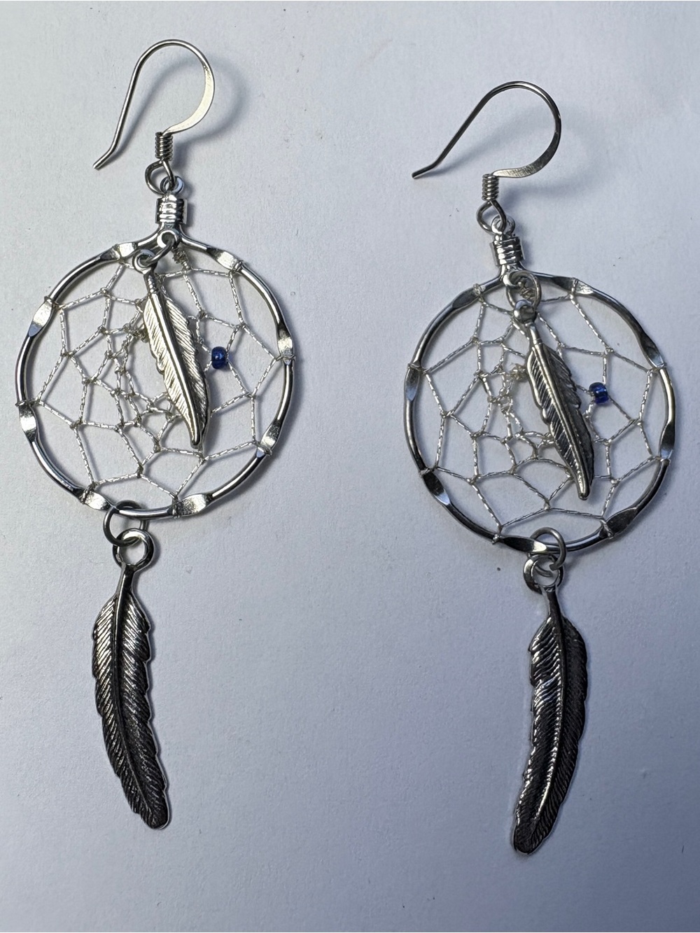 Dreamcatcher Feather Dangle Earrings w/blue bead